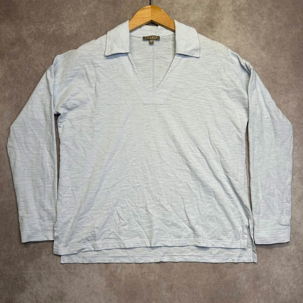 Lilla P Womens Light Blue Cotton Slub Long Sleeve V-Neck Polo Top Size S